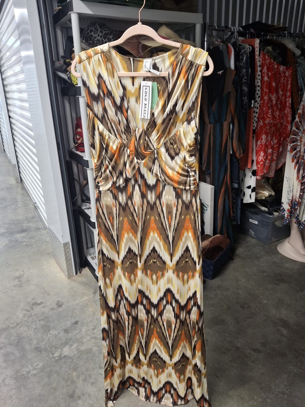 Sleeveless Maxi Dress with Orange and Brown Ikat Print